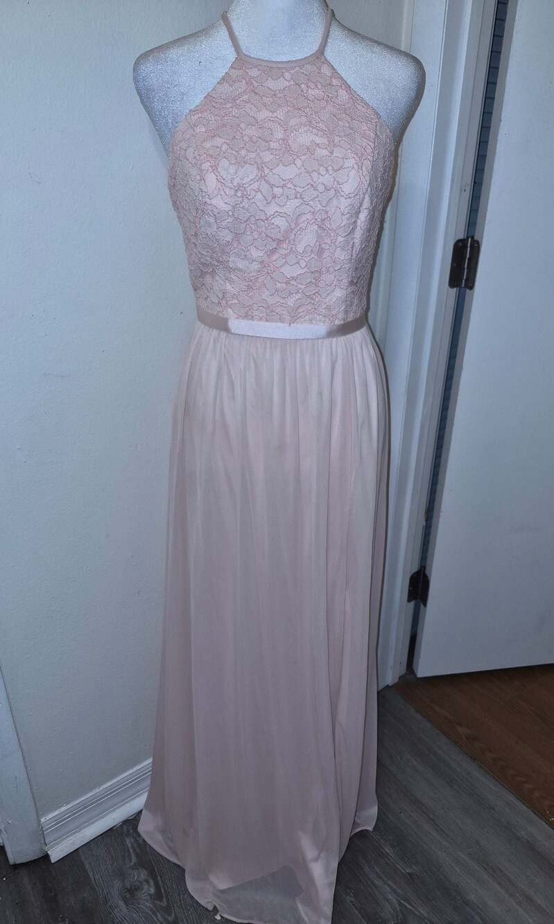 David's Bridal Open-Back Lace and Mesh Bridesmaid Dress in Petal Pink